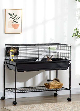 Two-Story Small Animal Cage Removable from Stand, Guinea Pig Cage with Shelf & Wheels, Pet Habitat for Hedgehog, Chinchilla, Ferret, 39" x 20.5" x 36.5", Black