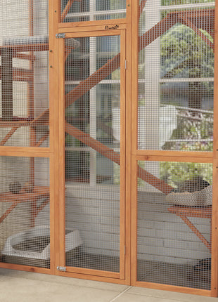 Outdoor Catio Cat Enclosure, Large Wooden Cat House with 6 Jumping Platforms, Scratching Post, 2 Ramps, for 2-3 Kittens