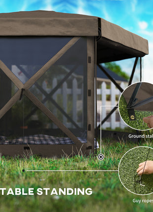 12' x 12' Hexagonal Pop Up Gazebo Canopy Tent with 5 Sidewalls, Outdoor Canopy Shelter with Carry Bag, Brown