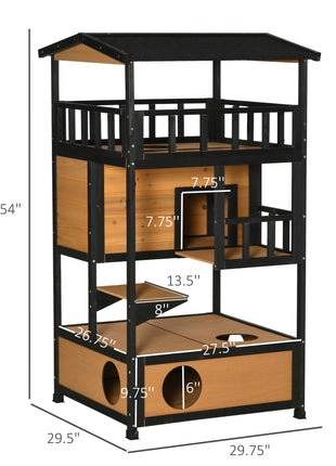Wooden Outdoor Cat House, Feral Cat Shelter Kitten Condo with Asphalt Roof, Escape Doors, Condo, Jumping Platform, Yellow