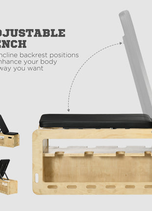 Wooden Workout Bench with Dumbbell Rack and Resistance Bands, Adjustable Incline Weight Bench for Home Gym