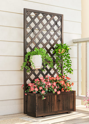 Wooden Raised Garden Bed Planting Planter Box with Trellis and Drain Holes for Climbing Vine Plants, Brown