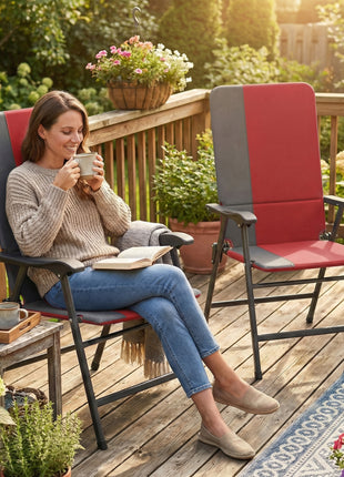 Folding Patio Chairs Set of 2, Padded High Back Lawn Camping Chairs with Armrests, 600D Oxford Fabric, Red