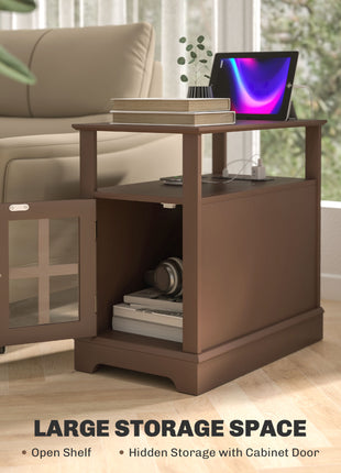 Narrow Side Table End Table with Charging Station, USB Ports, Modern End Table with Storage for Living Room, Brown