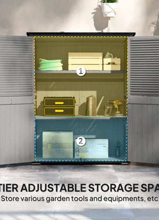 Wood Storage Shed, Outdoor Garden Shed with Asphalt Roof, 2 Shelves, Lockable Doors and Adjustable Feet, Gray