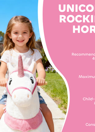 Ride on Unicorn Toy for Kids 4-7 Years, 37.8 Inch Plush Baby Rocking Horse with Wheels, No Battery Required, White