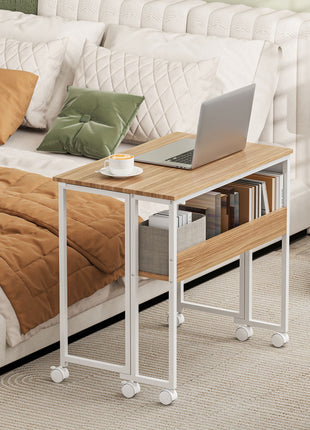 Folding Computer Desk, Foldable Desk with Storage Bag, Shelf and Wheels for Small Spaces, Home Office, Natural Wood