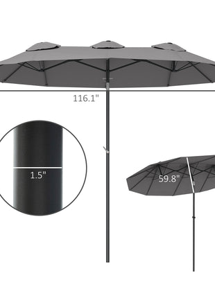 Double Sided Patio Umbrella, 9.7' Large Outdoor Market Umbrella with Push Button Tilt and Crank, 3 Air Vents and 12 Ribs, for Garden, Deck, Pool, Gray