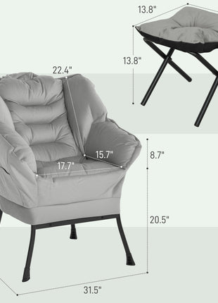 Lazy Chair and Ottoman Set, Fabric Upholstered Accent Chair with Side Pockets, for Living Room, Bedroom, Light Gray