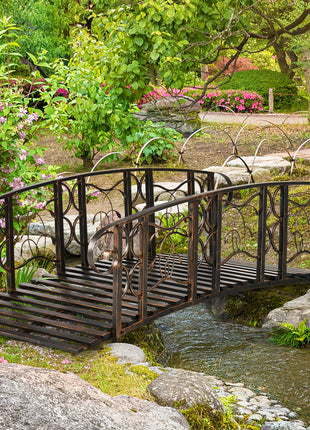 6' Metal Arch Backyard Garden Bridge with 660 lbs. Weight Capacity, Safety Siderails, Vine Motifs, Easy Assembly, Brown