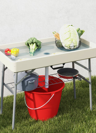 3.4ft Folding Ice Cooler Table with Drain, Fill and Chill Table Outdoor Table Cooler with Storage Shelf, Drink Cooler for Parties Picnic BBQ Camping Wedding, Tan