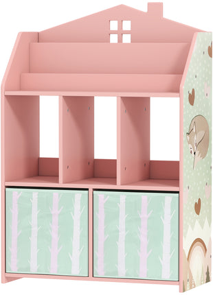 Kids Bookshelf with Storage, Toy Storage Unit with Book Display, Shelves and Fabric Drawers for Playroom Nursery, Pink