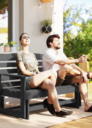 Patio Glider Bench w/ HDPE Slatted Double Rocking Chair, Distressed Black