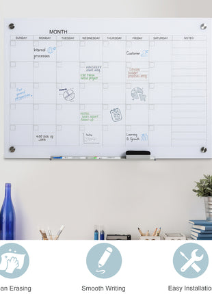 35"x23" Dry Erase Wall Calendar Glass Whiteboard Monthly Planner for Homeschool Supplies & Home Office Organization with 4 Markers and 1 Eraser,Frameless