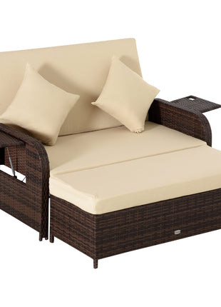 Patio Rattan Daybed with Cushions, Wicker Outdoor Bed Lounger w/ Loveseat, Storage Ottoman, Coffee & Side Tables, for Poolside, Porch, Backyard, Beige