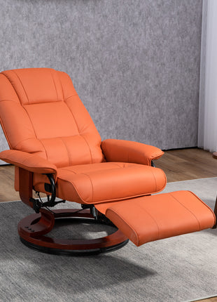Air Leather Manual Recliner, Adjustable Swivel Lounge Chair with Footrest, Armrest and Wrapped Wood Base, Orange