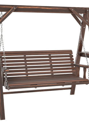 3 Seat Wooden Porch Swing with Stand, Patio Swing with Side Tables, for Garden, Poolside, Backyard, Carbonized Brown