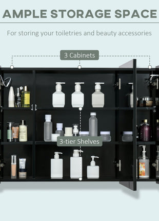 LED Lighted Medicine Cabinet with Mirror, 35.5"W x 25.5"H Wall Mounted Bathroom Cabinet with 3 Cupboards, Memory Function, USB Charge, High Gloss Black