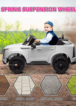 2-Seater 12V 10AH Ride on Truck, Cadillac Escalade Licensed Electric Car for Kids w/ Spring Suspension Wheels, White