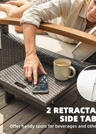 Rattan Outdoor Daybed w/4-Level Adjustable Backrest, Patio Sofa Bed w/Storage Ottoman, Acacia Wood Armrest, Beige