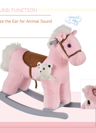 Kids Rocking Horse with Bear Toy, Plush Animal Rocker with Fun Realistic Sounds for Toddler 18-36 Months, Pink