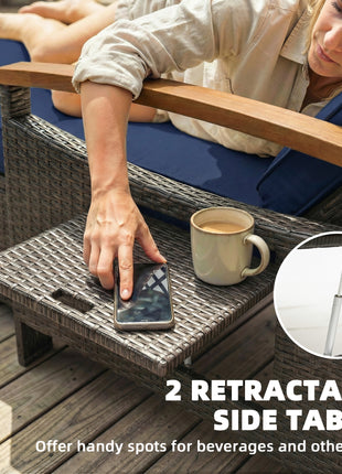 Rattan Outdoor Daybed w/4-Level Adjustable Backrest, Patio Sofa Bed w/Storage Ottoman, Acacia Wood Armrest, Navy Blue