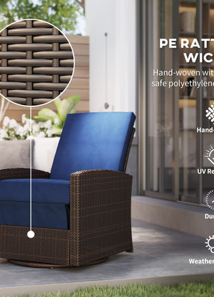 Outdoor Wicker Chair, Reclining Backrest, Lifting Footrest, 360° Rotating Basic, Water Resistant Cushions, Dark Blue