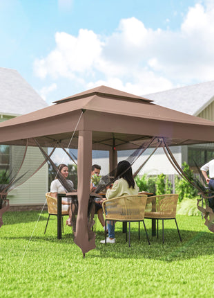 Outdoor Patio Pop Up Canopy Gazebo Shelter with Zipper Netting, Carry Bag, 11' x 11', Brown