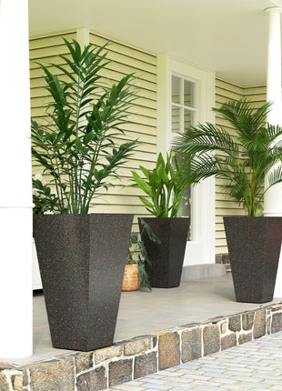 28" Tall Planters, Set of 3 Plastic Flower Pots with Marble Finish and Drainage Holes, Stackable Taper Planters, Brown