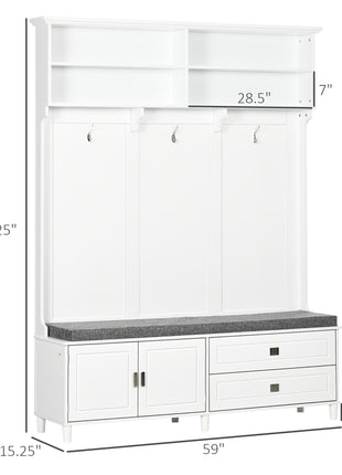 Hall Tree with Storage Bench, Entryway Bench with Coat Rack, Accent Coat Tree with Storage Shelves, Cabinet and Drawers for Hallway, Mudroom, White
