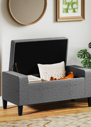 36" Ottoman with Storage, Storage Ottoman Bench with Lift Top and Rubberwood Legs, Linen Upholstered Entryway Bench with Seating for Living Room, Bedroom, Holds up to 330 lb, Gray
