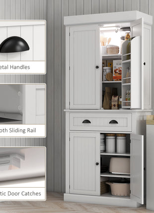 71" Kitchen Pantry Cabinet with LED Lights, 6 Door Shelves, a Drawer and 4 Adjustable Shelves, White