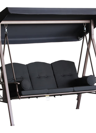 3-Seat Patio Swing Chair, Outdoor Porch Swing Glider with Adjustable Canopy, Removable Cushion, Pillows and Side Trays, for Garden, Poolside, Backyard, Black