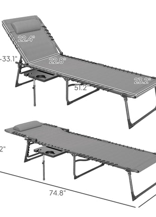 Folding Outdoor Chaise Lounge Chair Tanning Chair with 5-Level Adjustable Back, Side Table, Pillow, Pocket, Gray