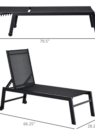 Outdoor Chaise Lounge with Wheels, Five Position Recliner for Sunbathing, Suntanning, Steel Frame, Breathable Fabric for Beach, Yard, Patio, Black