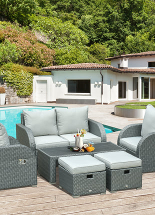 6-PCs Patio Furniture Sets Outdoor Wicker Sofa Set Rattan Angle Adjustable Recline Single Chair Conversation Set, Ottomans, w/ Polyester Tea Table Gas Spring  & Soft Washable Cushions, Grey