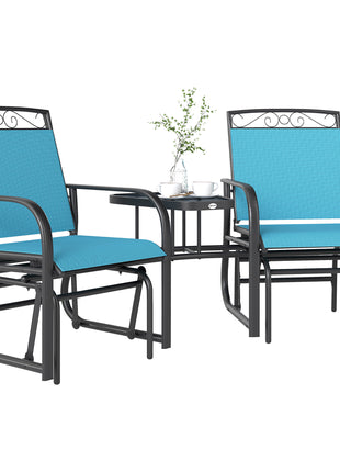 Outdoor Glider Chairs with Coffee Table, Patio 2-Seat Rocking Chair Swing with Breathable Sling for Backyard, Blue