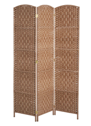 6' Tall Wicker Weave 3 Panel Room Divider Wall Divider, Natural Wood