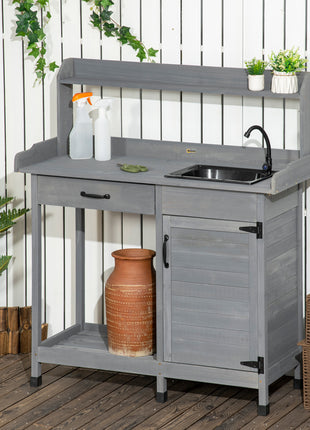 Potting Bench Table with Removable Sink, Outdoor Work Bench Table with Storage Cabinet, Hooks, Faucet and Drawer for Greenhouse, Garden, Patio, Gray