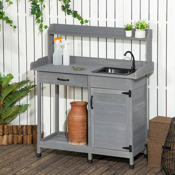 Potting Bench Table with Removable Sink, Outdoor Work Bench Table with Storage Cabinet, Hooks, Faucet and Drawer for Greenhouse, Garden, Patio, Gray