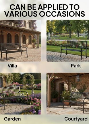 50" Outdoor Garden Bench, Patio Bench with Slatted Seat, Metal Porch Bench for Backyard, Poolside, Lawn, Black