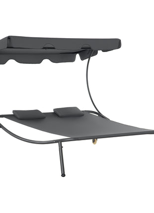 Patio Double Chaise Lounge Chair, Outdoor Wheeled Hammock Daybed with Adjustable Canopy and Pillow for Sun Room, Garden, or Poolside, Grey