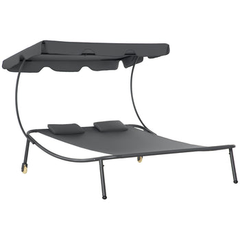 Patio Double Chaise Lounge Chair, Outdoor Wheeled Hammock Daybed with Adjustable Canopy and Pillow for Sun Room, Garden, or Poolside, Grey