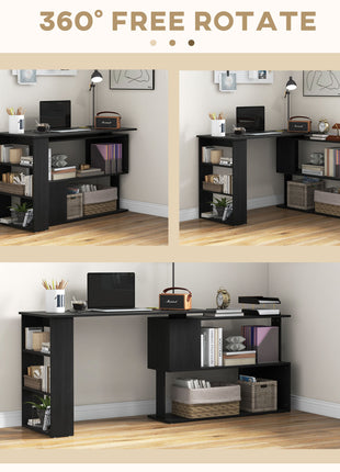 360° Rotating Home Office Desk L Shaped Corner Computer Desk with Storage Shelves, Writing Table Workstation, Black