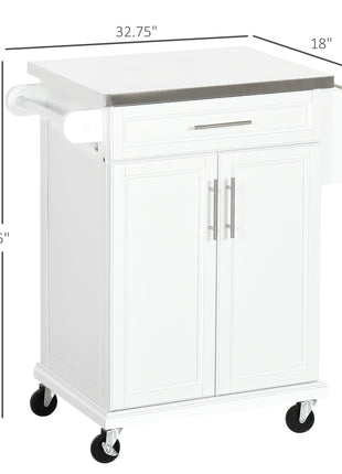 Kitchen Island on Wheels, Rolling Kitchen Cart with Stainless Steel Countertop, Drawer, Towel Rack and Spice Rack, Utility Storage Trolley, White