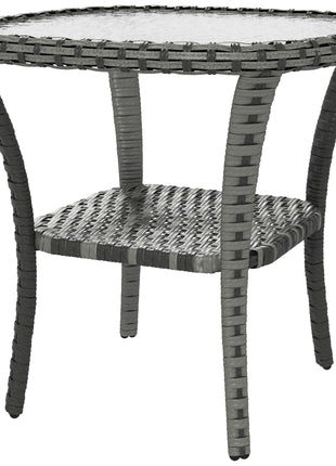 Outdoor Coffee Table with Storage Shelf, Hand-Woven Wicker Side Table with Water-Ripple Glass Top, Mix Gray