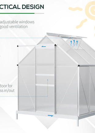 6' x 6' x 6.5' Polycarbonate Greenhouse with Aluminum Frame, Walk-in Heavy Duty Green House with Adjustable Roof Vent, Rain Gutter and Sliding Door for Winter, Silver