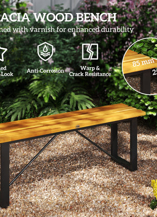 Outdoor Bench, 2-Person Backless Garden Bench, Acacia Wood Patio Bench Loveseat with Slatted Seat for Porch, Park, Teak