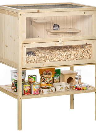 3-Tier Wooden Hamster Cage Mice and Rat Cage Small Animals Hutch with Openable Top, Front Door, Shelf, Natural Wood