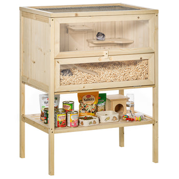 3-Tier Wooden Hamster Cage Mice and Rat Cage Small Animals Hutch with Openable Top, Front Door, Shelf, Natural Wood